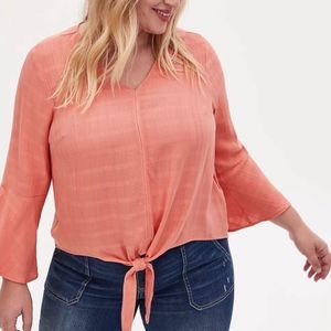 Torrid Rayon Textured Tie Front Bell Sleeve Coral Midi Blouse